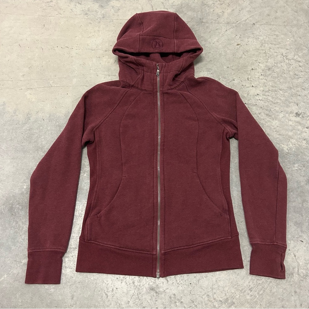 Lululemon Scuba Hoodie Womens Red Full Zip Fleece Thumbholes Logo Jacket Size 8
